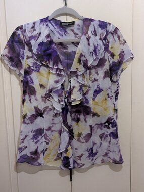 Airy Jones New York -Purple & Yellow -Button -Ruffle Front -Sz Med -100% Poly